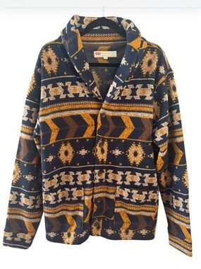 Women's Large Levi’s Aztec Cardigan Yellowstone Sweater - Navy & Mustard